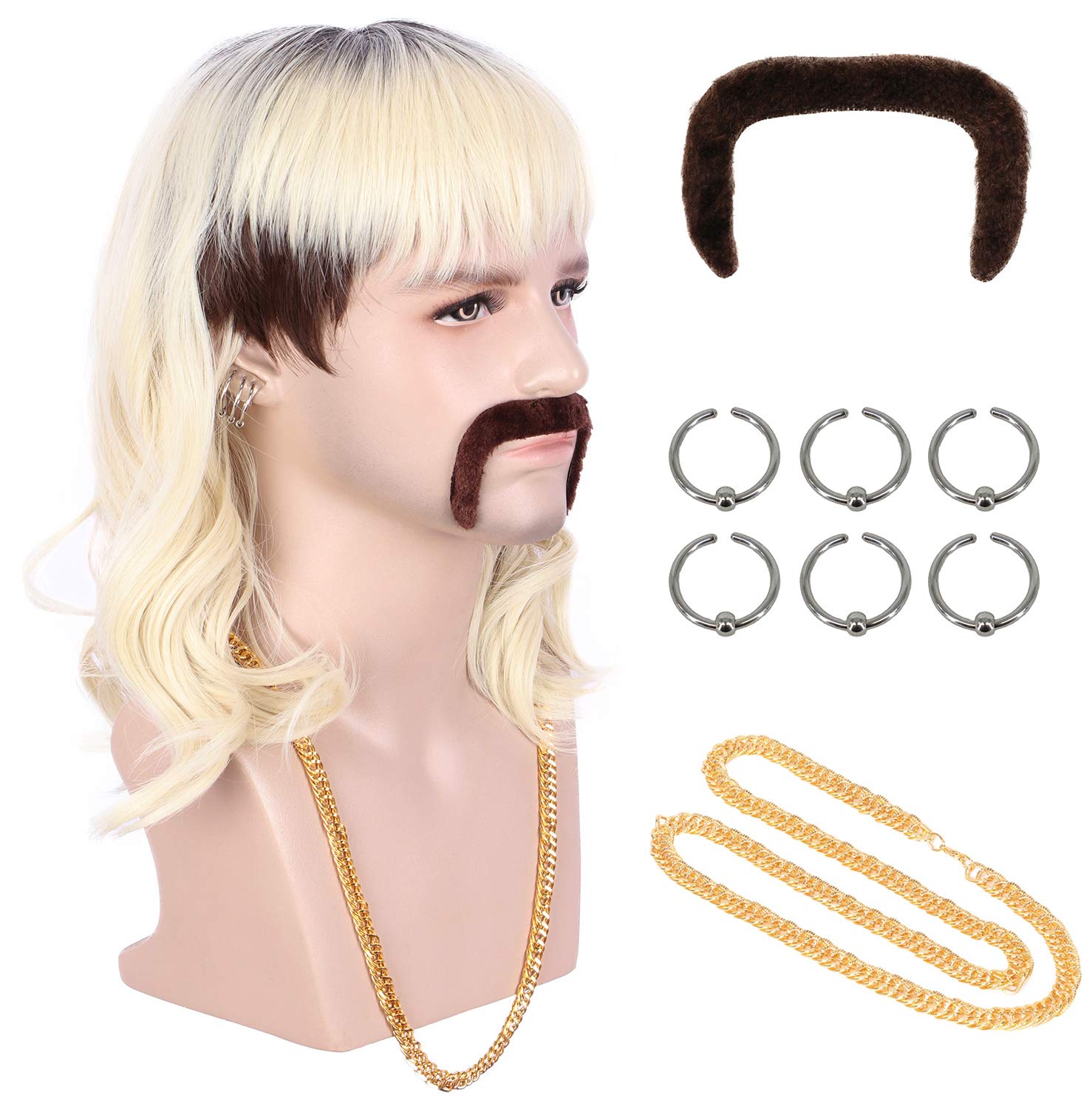 Photo 1 of karlery 70s 80s Rocker Mullet Long Wave Beige Blonde Dark Root Mutsache Wig with 6 Earrings and Golden Necklace Halloween Costume Cosplay Wig
