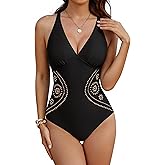 Blooming Jelly Womens Tummy Control One Piece Swimsuit V Neck Slimming Bathing Suits Cut Out Color Block Swim Suits