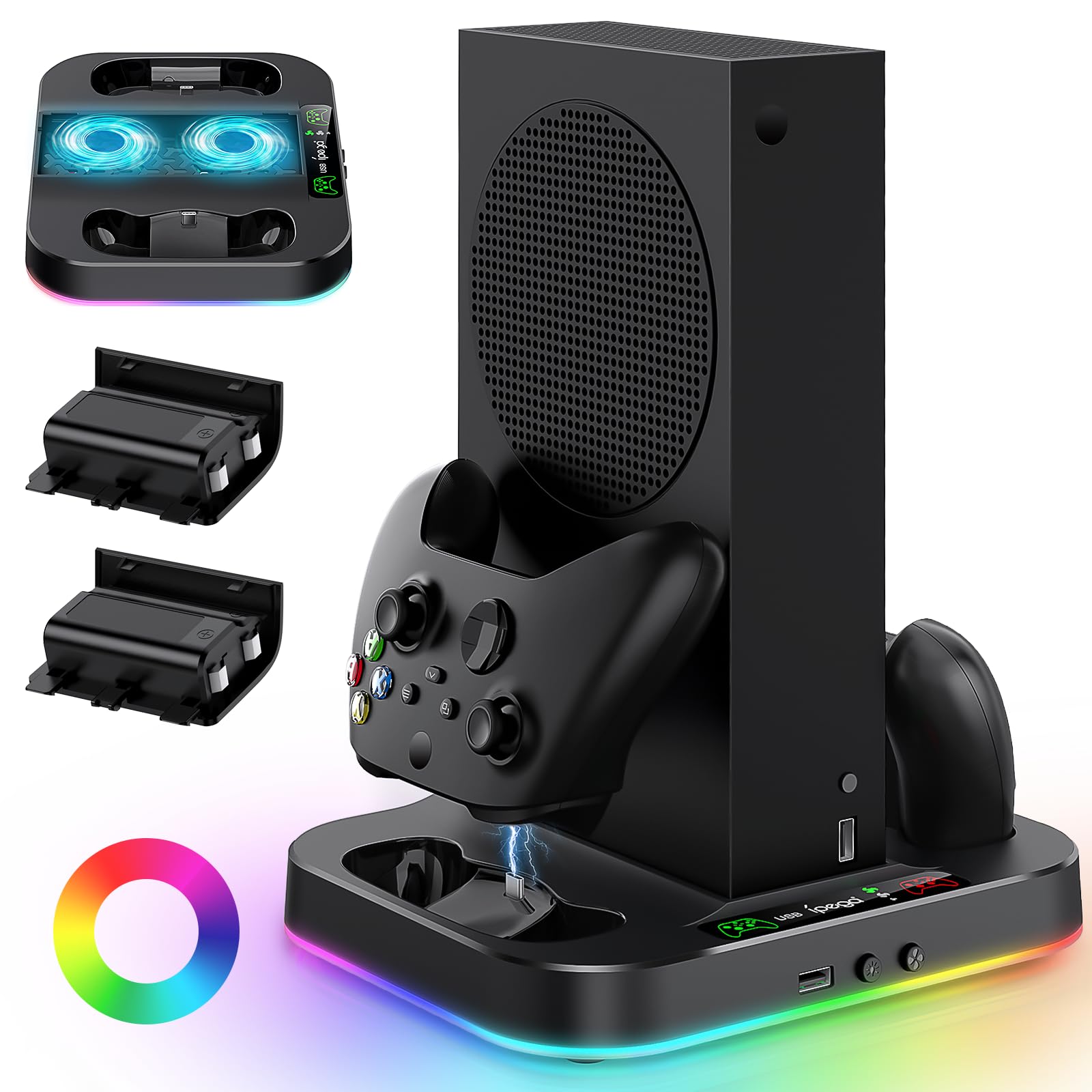 Cooling Stand for Xbox Series S with RGB Light, MENEEA Fast Charger Station with 2x1400mAH Batteries,Cooler Accessories with 3-speed Adjustable Fan, Dual Charger Dock, 15 Light Modes, 2.0 USB Port