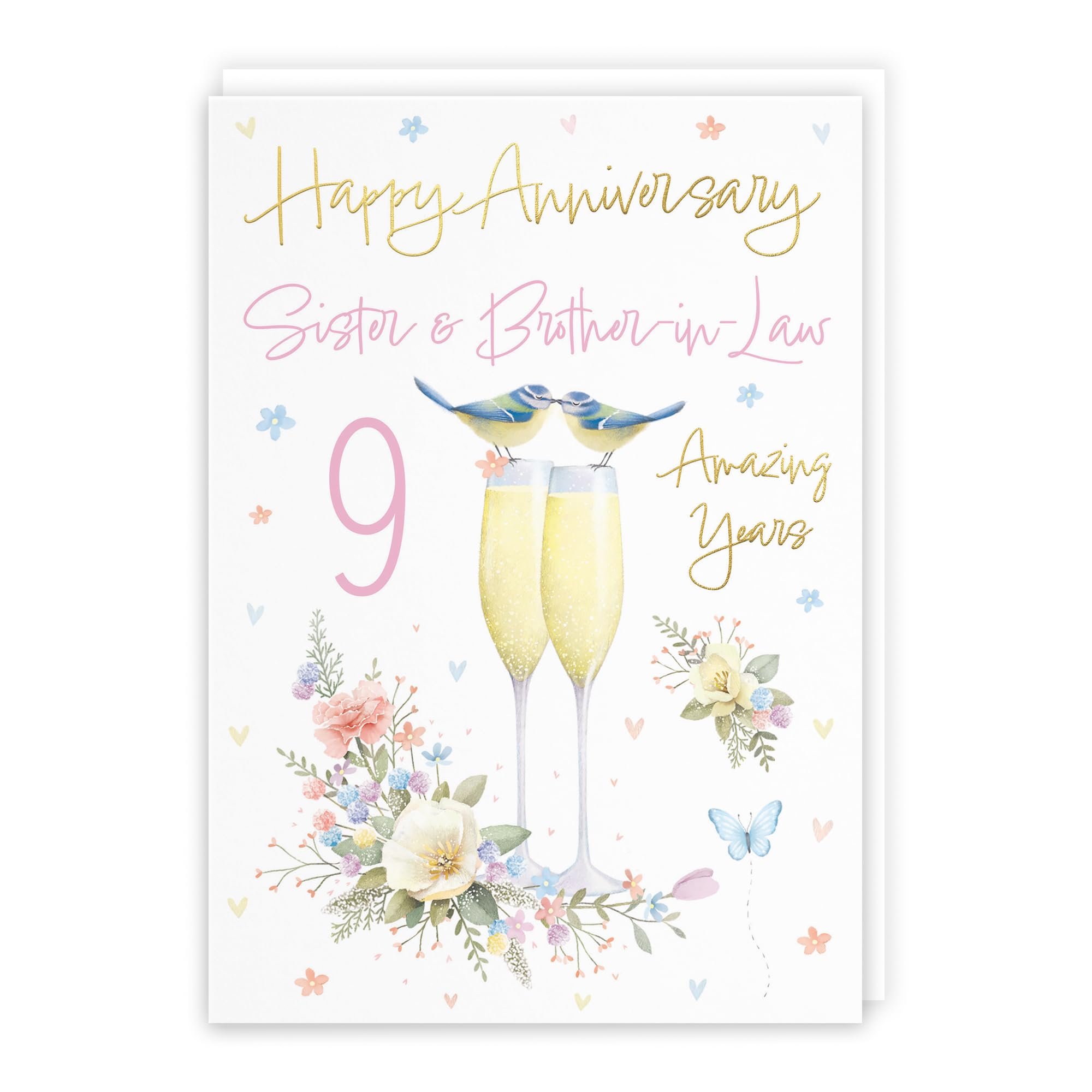 Hunts England - Sister And Brother-in-Law 9th Anniversary Card - A5 Size - Champagne Flutes - Gold Foil - 9th Anniversary Card For Sister And Brother-in-Law - Milo's Gallery