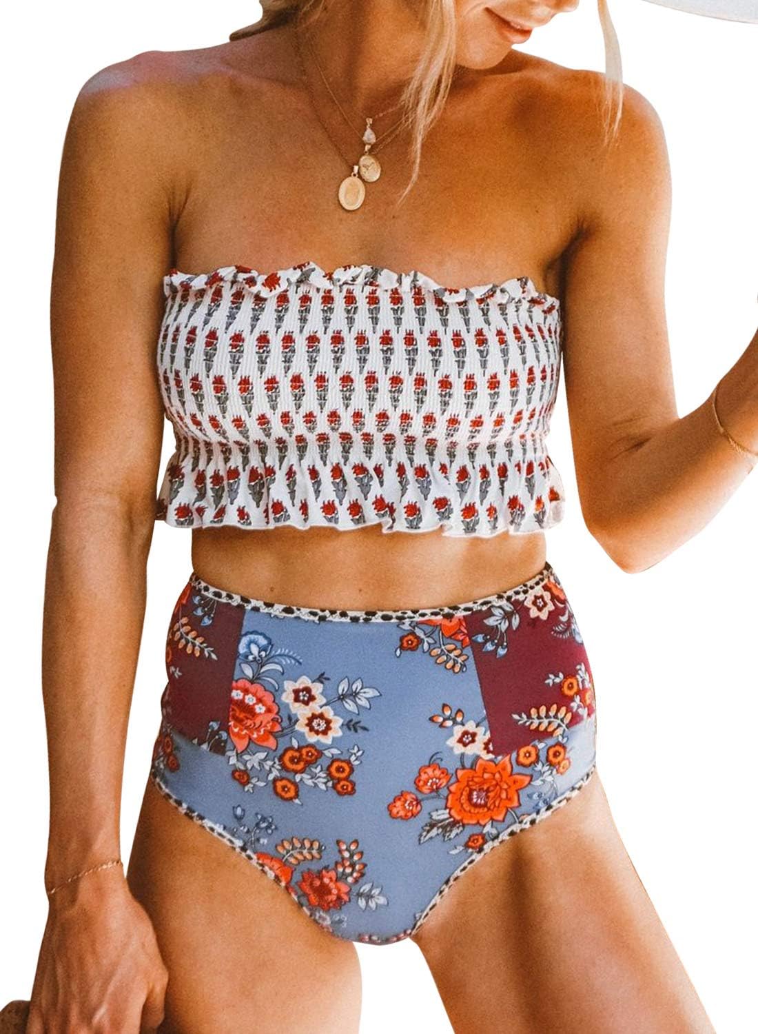 Womens 2 Pieces High Waist Bandeau Bikini Sets Off Shoulder Swimsuits Swimwear