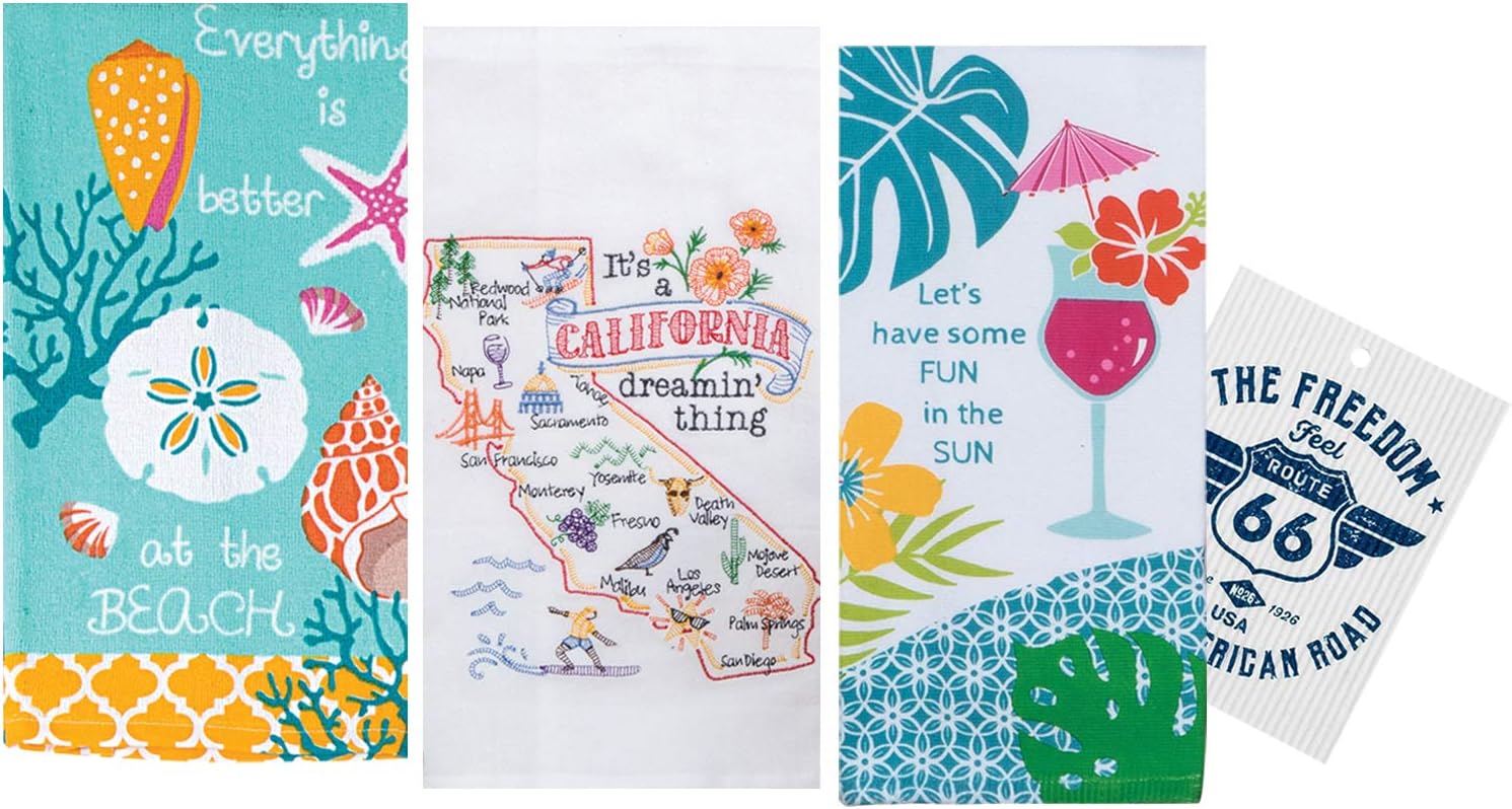 California Themed Cotton Kitchen Towels | Colorful Beach, Cali State Map, Fun in The Sun Print | 3 Towel Set with Decorative Design for Dish and Hand Drying | Includes Swedish Dish Cloth