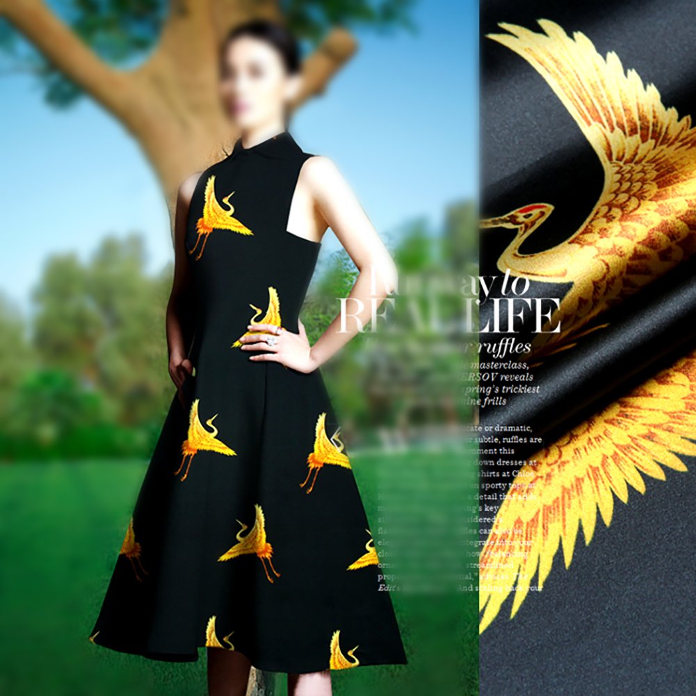 Black Stretch Silk Charmeuse Fabric with Gold Bird Printed By The Yard, 46" Width