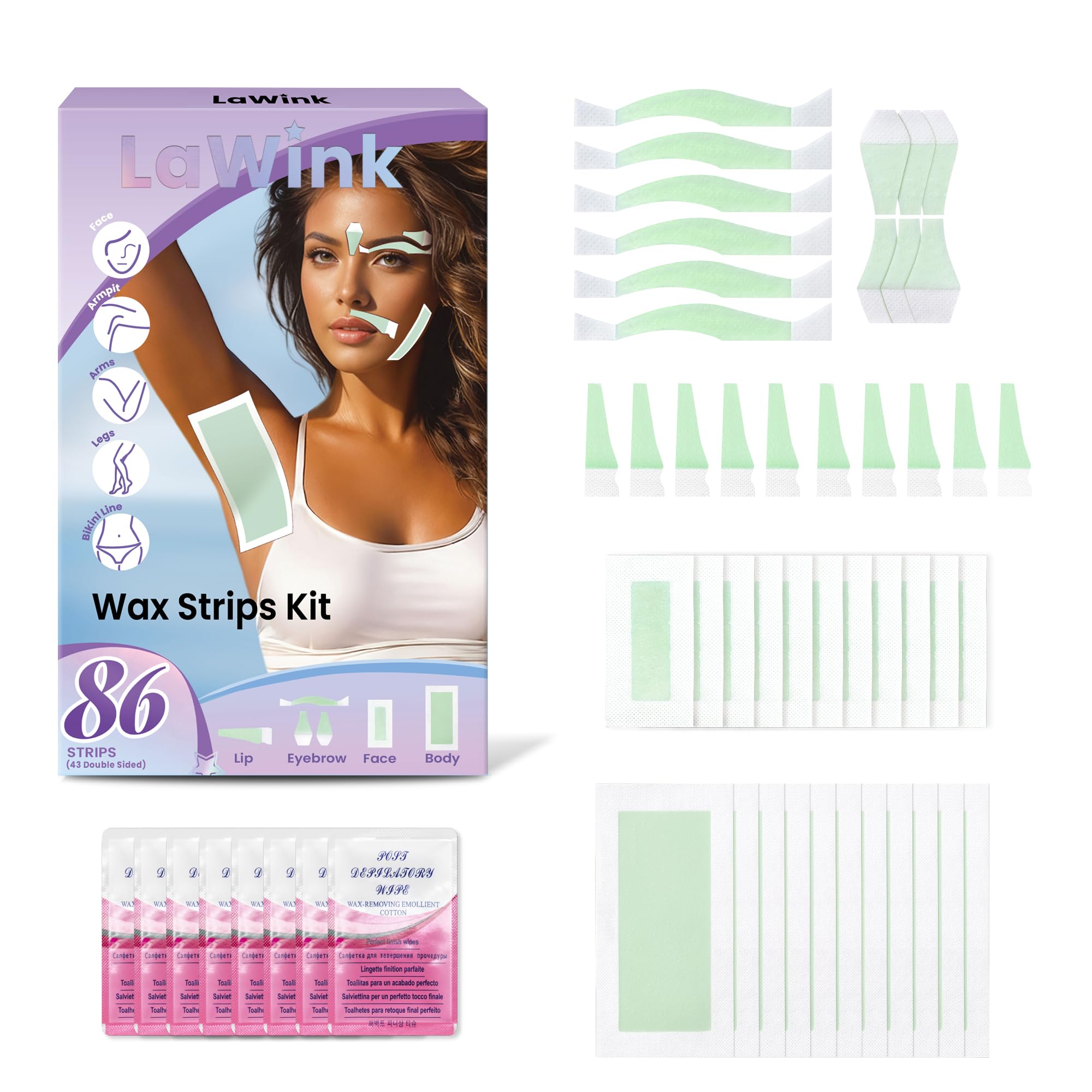 LaWink Wax Strips 86PCS, Waxing strips, With 6 Calming Oil Wipes, Underarm Waxing, Facial Wax Strips, Hair Removal Kit For Smooth Legs, Brazilian Waxing Strip for Bikini, Leg 6 different shapes