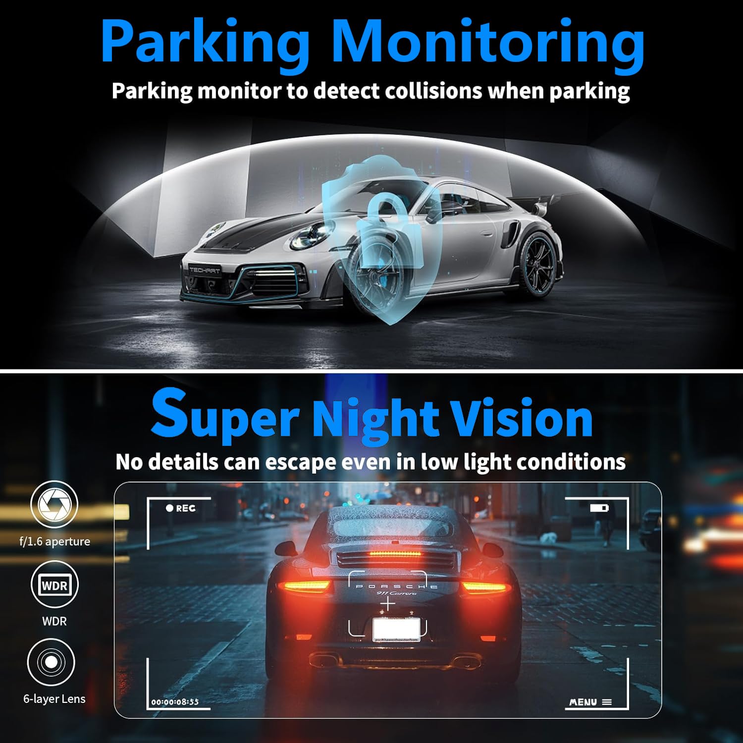 4K Dual Channel Dash Cam Front and Rear, Free 64GB Card Included, 5.8GHz WiFi Dash Camera for Cars, Built-in GPS, G-Sensor, 170°Wide Angle, 3