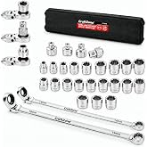 27PCS Extra Long Flex Head Ratcheting Wrench Set 8-22mm, Double Box End Wrenches with E-Type 8-22mm Replacement Heads &amp; 1/4", 3/8", 1/2" Socket Adapters for Automotive, Mechanical and DIY Repairs
