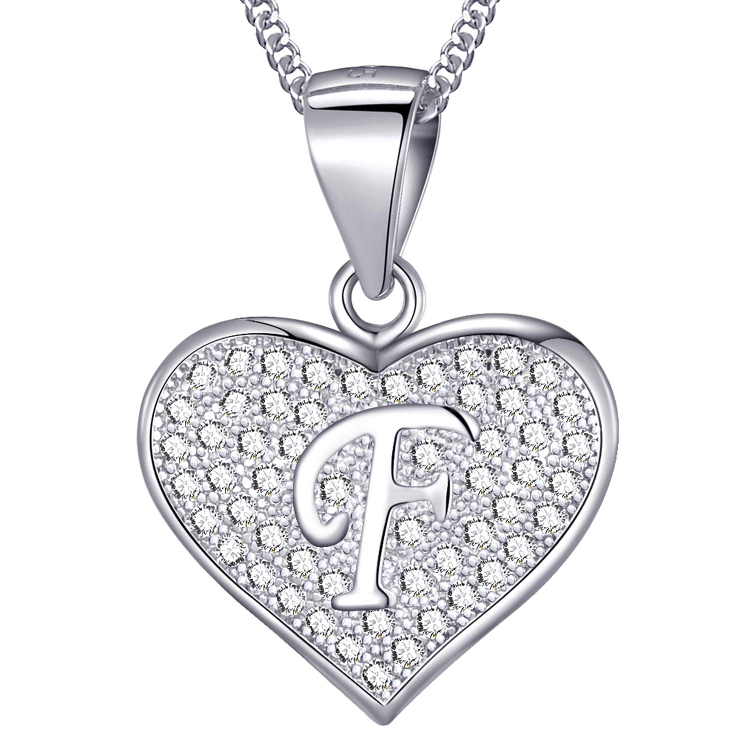 MASADA 925 Sterling Silver Heart Letter Necklace - Initial Pendant with Zircon Stones - Letter F - Personalised Alphabet, Teens & Girls - 46 cm - 18 inch Chain in Velvet Bag