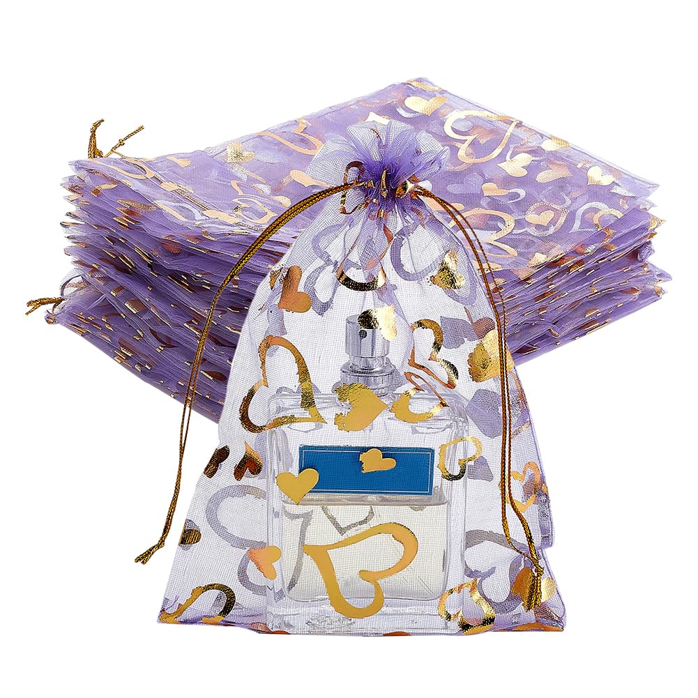 PH PandaHall 100 Stück 12.7x17.8 cm Herz-bedruckte Organza-Beutel, Netzbeutel, durchscheinend, mit Kordelzug, Beutel für Hochzeiten, Süßigkeiten, Geschenktüten für Valentinstag, Party, Weihnachten