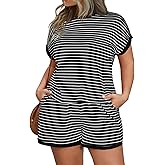 Beautife Womens Plus Size Lounge Set 2 Piece Outfits Stripe Short Sleeve Shirts Tops Shorts Summer Casual Loungewear