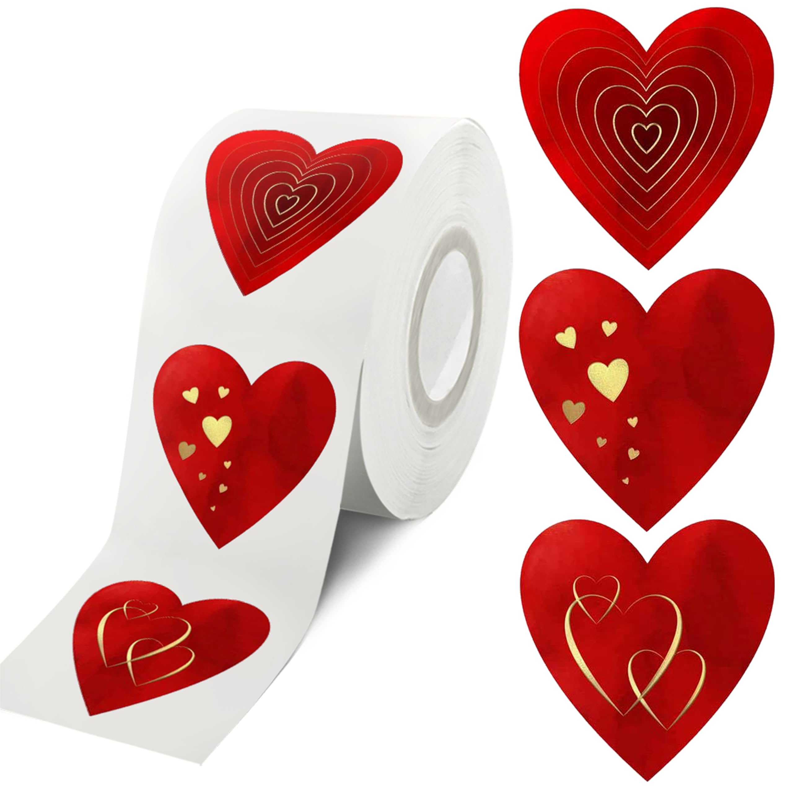 500 Red Heart Shape 1.5" With special Gold Foil Stickers | 3 Different Designs in one roll | Suitable for Theme Party Decorations , Envelope Sealing