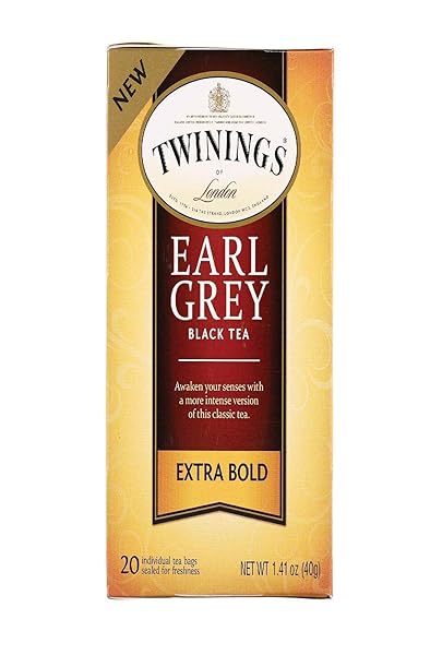 TWININGS EARL GREY EXTRA STRONG BLACK TEA INDIVIDUALLY WRAPPED BAGS, 20 COUNT (PACK OF 1), FLAVOURED WITH CITRUS AND BERGAMOT, CAFFEINATED, ENJOY HOT OR ICED, 20 TEABAGS