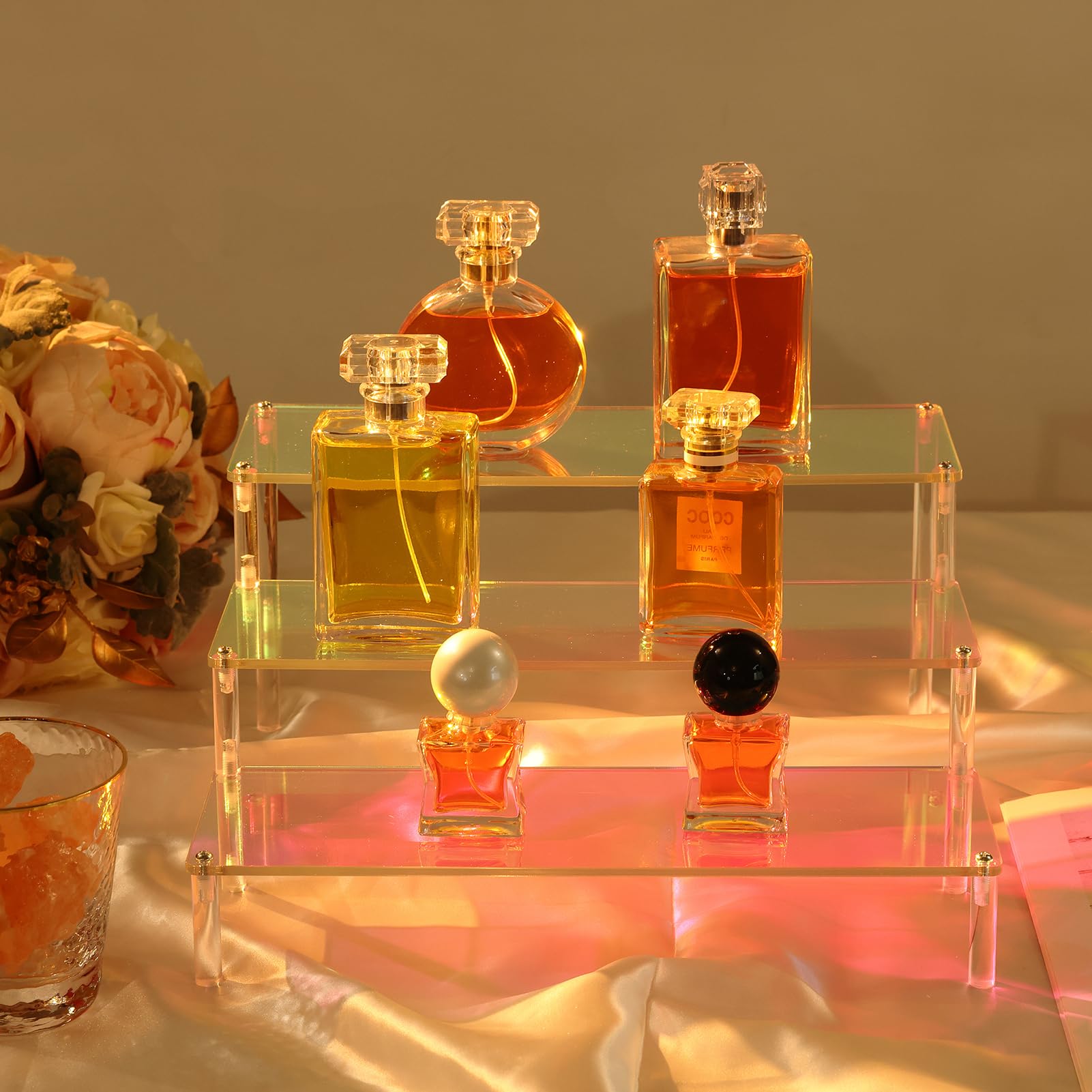 MESISEPHELE Acrylic Risers Display Stands, 2 Packs 3 Tier Rainbow Display Shelf for Cupcake Stand Perfume Organizer Anime Figures Collectibles Iridescent Display for Jewelry and Cosmetic