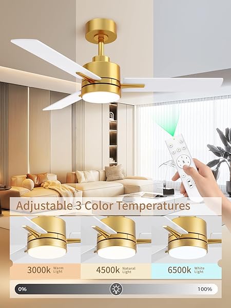 LANMEL 42” CEILING FAN WITH LIGHTS AND REMOTE, LOW PROFILE MODERN CEILING FAN GOLD, 6 SPEED, REVERSIBLE, 3000K-6000K LED, QUIET DC MOTOR FOR INDOOR OUTDOOR BEDROOM LIVING ROOM