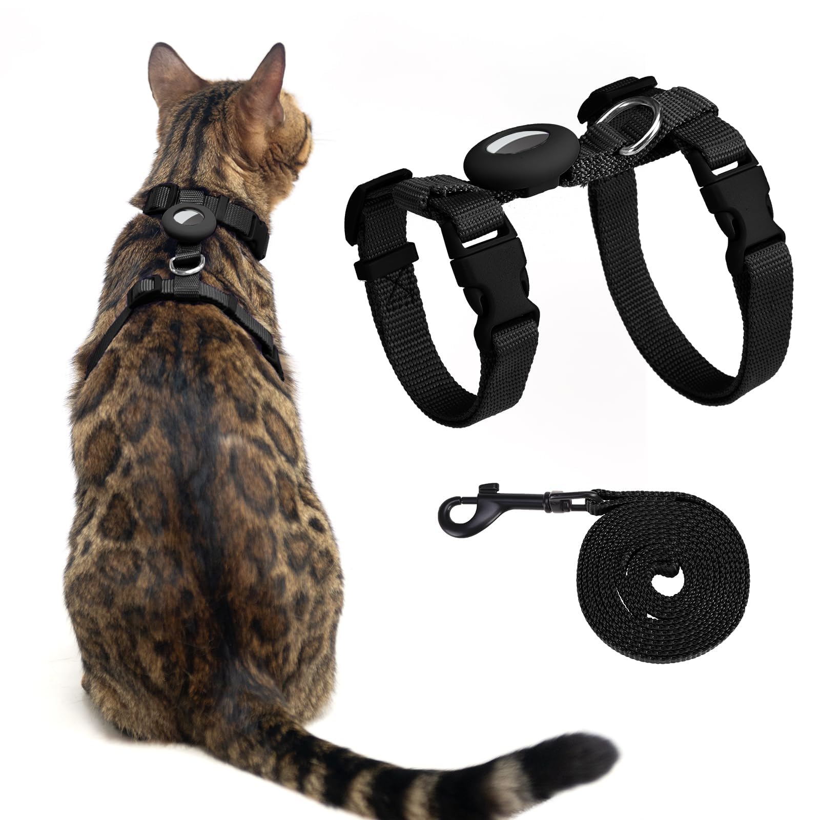 VKPETFR Cat Harness and Leash Set for Walking - Escape Proof, Adjustable With Airtag Holder for Small Large Cats - Lightweight Soft Travel Harness (Black)