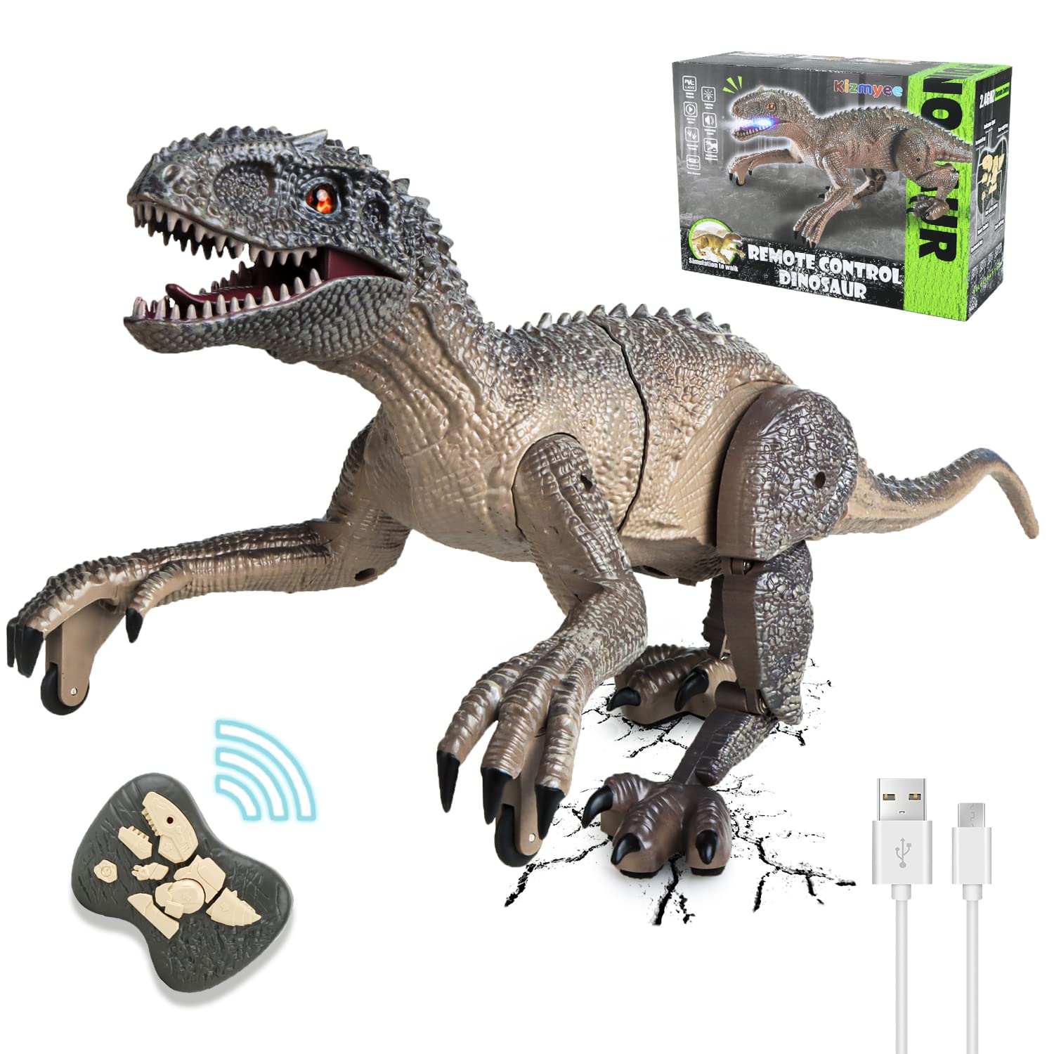 Kizmyee Dinosaurier Spielzeug，Dinosaurier Ferngesteuert für Kinder Realistisches Velociraptor mit Gehen，Brüllen，Leuchtenden Augen und Kopfschütteln Kleinkinder Jungen Mädchen Geschenkfür