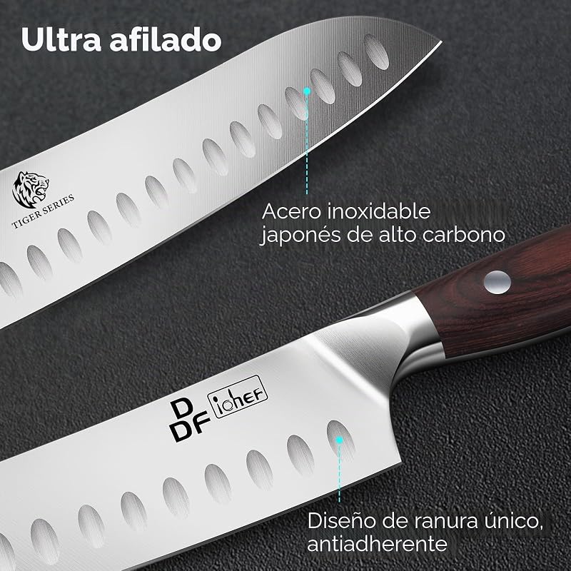 Faca Santoku, faca de cozinha profissional de 18 cm, faca de chef afiada em aço inoxidável com cabo ergonómico para casa e restaurante — foto 2 de 7