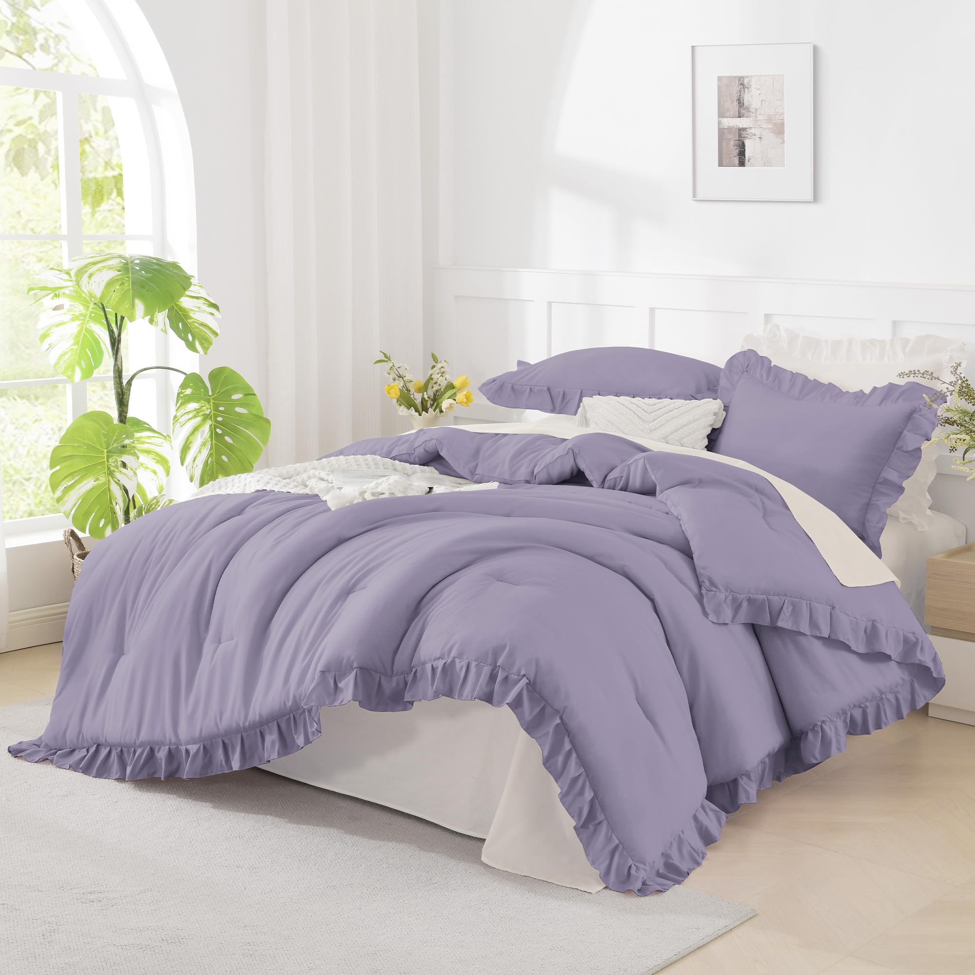 Andency Grayish Purple California King Comforter Set, 3 Pieces Cal King Ruffle Purple Comforter, Lightweight Oversized Farmhouse Shabby Chic Soft Microfiber Bedding Comforter Set (104x96Inch) Image