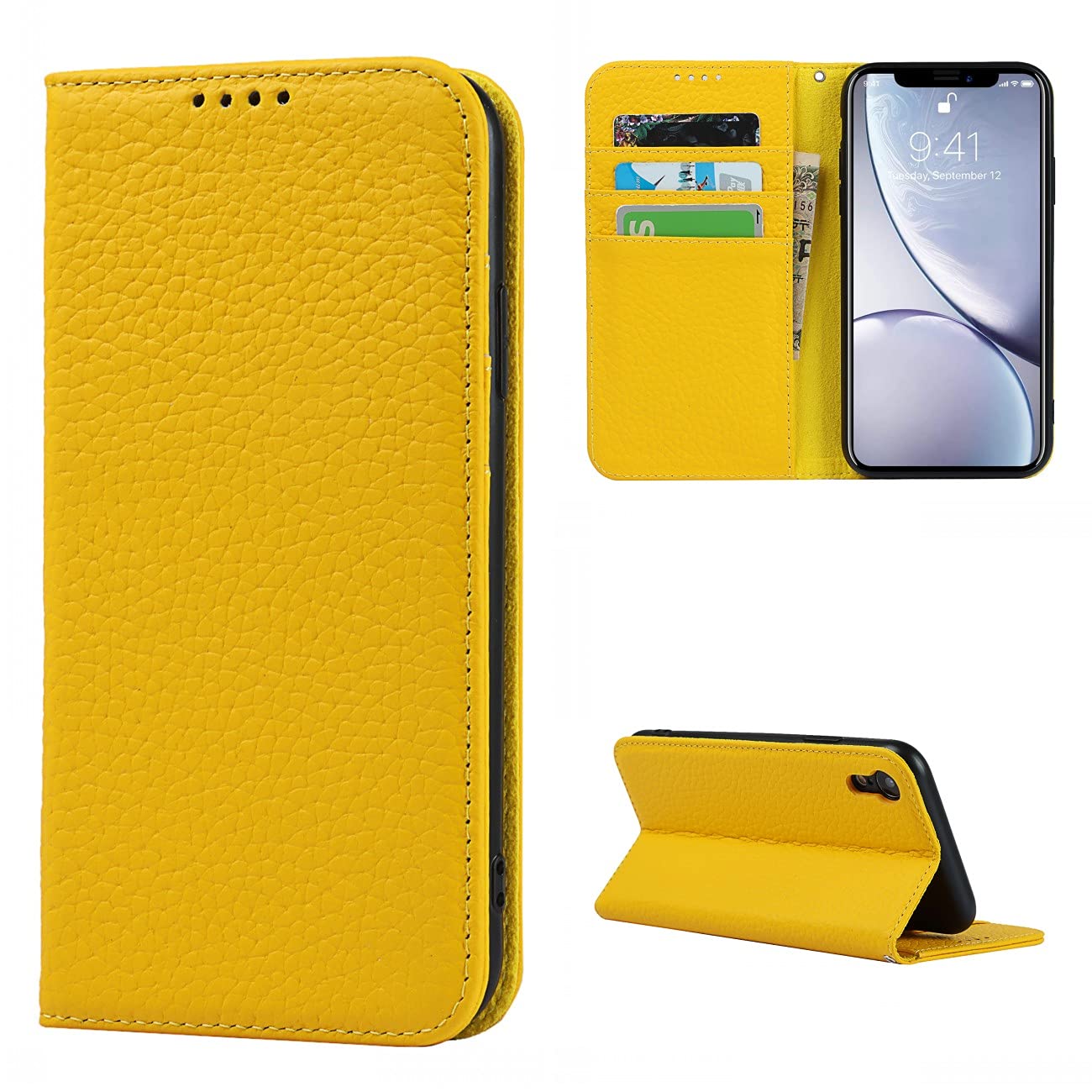 Copmob Phone Case iPhone XR,Flip Genuine Leather Wallet Case,[4 Slots][Magnetic closure][With Lanyard],Protective Cover Case for iPhone XR - Yellow — image 1