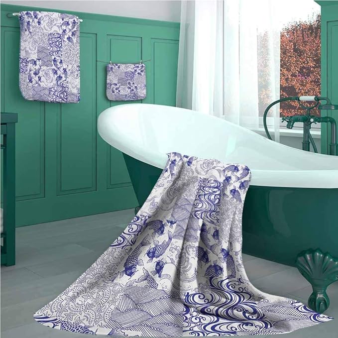 Japanese Bath Towel Set, Stylized Japanese Patchwork Arts and Craft Pattern Nature