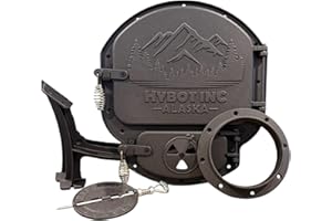 Hybot Inc Alaska Cast Iron Wood Stove Kit with Mountain Design, 17X15 Black Durable Cast Iron Construction, Creates wood stove from 55 gallon metal barrel
