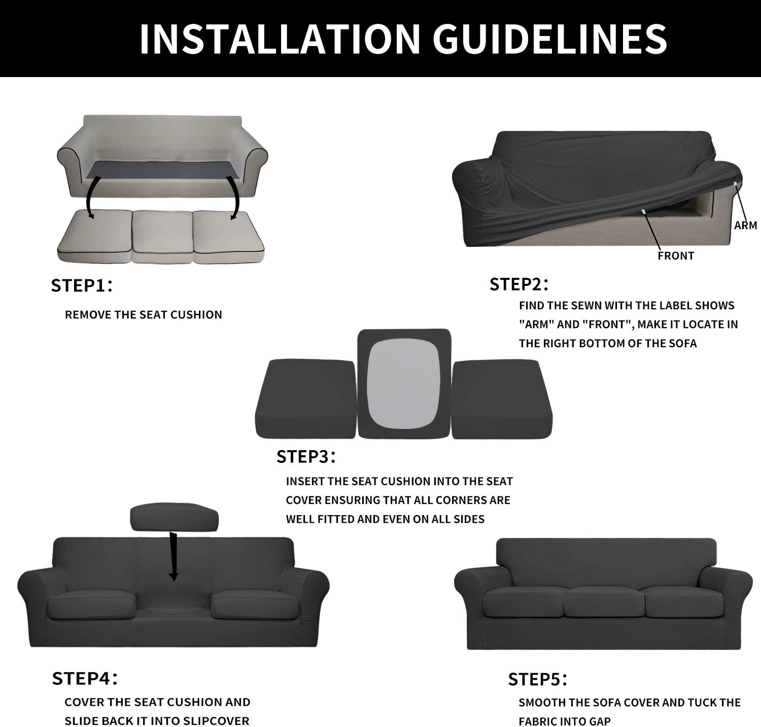 Easy-Going 4 Pieces Stretch Soft Couch Cover for Dogs - Washable Sofa Slipcover for 3 Separate Cushion Couch - Elastic Furniture Protector for Pets, Kids (Sofa, Dark Gray): Furniture & Decor