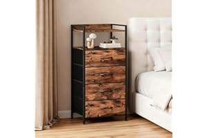 IDEALHOUSE Nightstand with LED Lights, Bedside Table Tall with 4 Fabric Drawers and Top Shelf, Night Stand for Bedroom Guest 