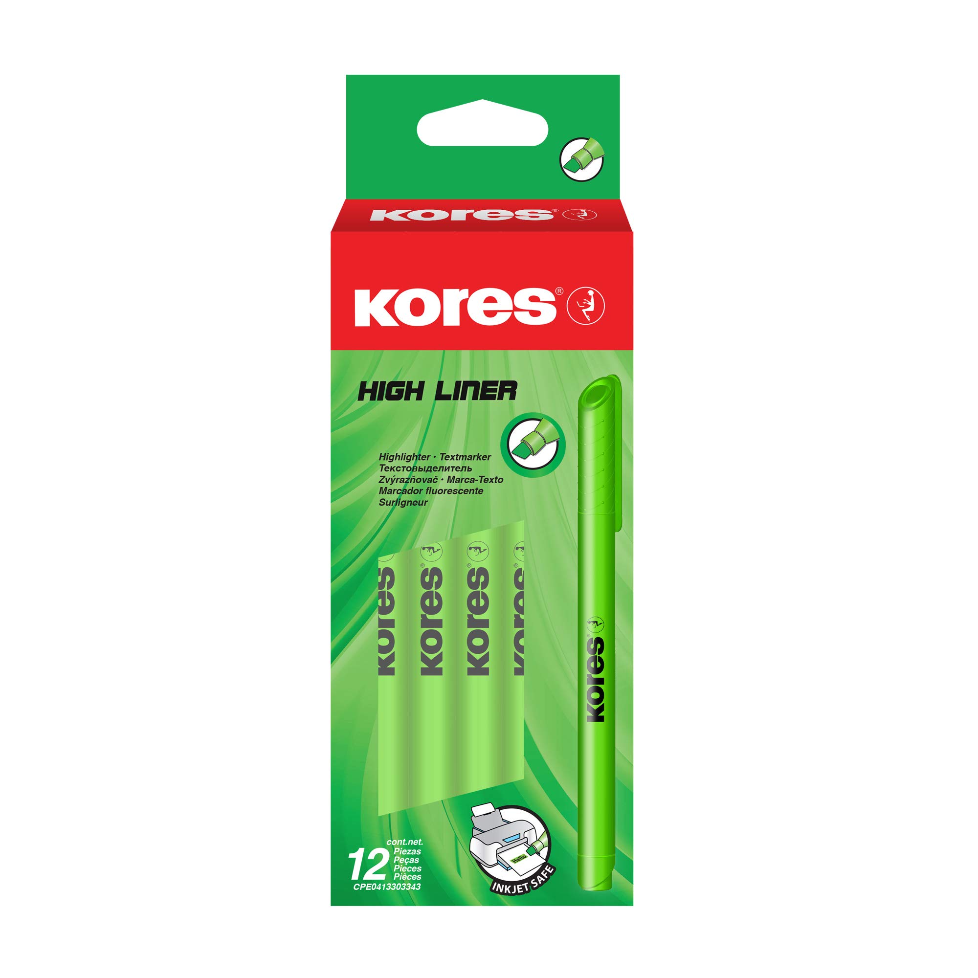 Kores - Fine Green Fluorescent Highlighter Pens - High Liner, Water Based-Ink Highlighter Pen Set with Ergonomic Shape, 1-4mm - Stationery School Supplies, Office Supplies - Set of 12