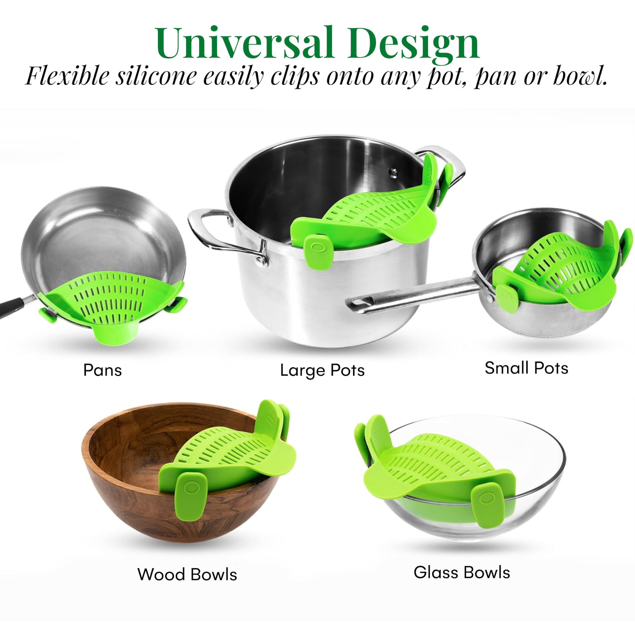 Kitchen Gizmo Snap N' Strain Clip On Strainer for Pots and Pans - Collapsible Silicone Pasta Strainer and Kitchen Gadget for Cooking - Easy to Use, Heat Resistant and Space Saving Colander - Green
