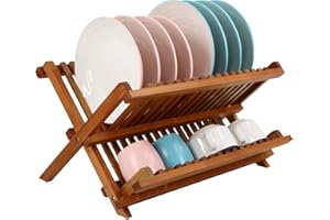 Utoplike Teak Wood Dish Drying Rack, Collapsible 2-Tier Drainer Rack, Plate Rack Holder for Kitchen Countertop, Foldable for 
