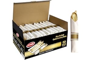 Neatiffy 50 Pack Gold Plastic Silverware Set, Pre Rolled Napkin and Cutlery Set with 50 Forks, 50 Knives, 50 Spoons, 50 Napki