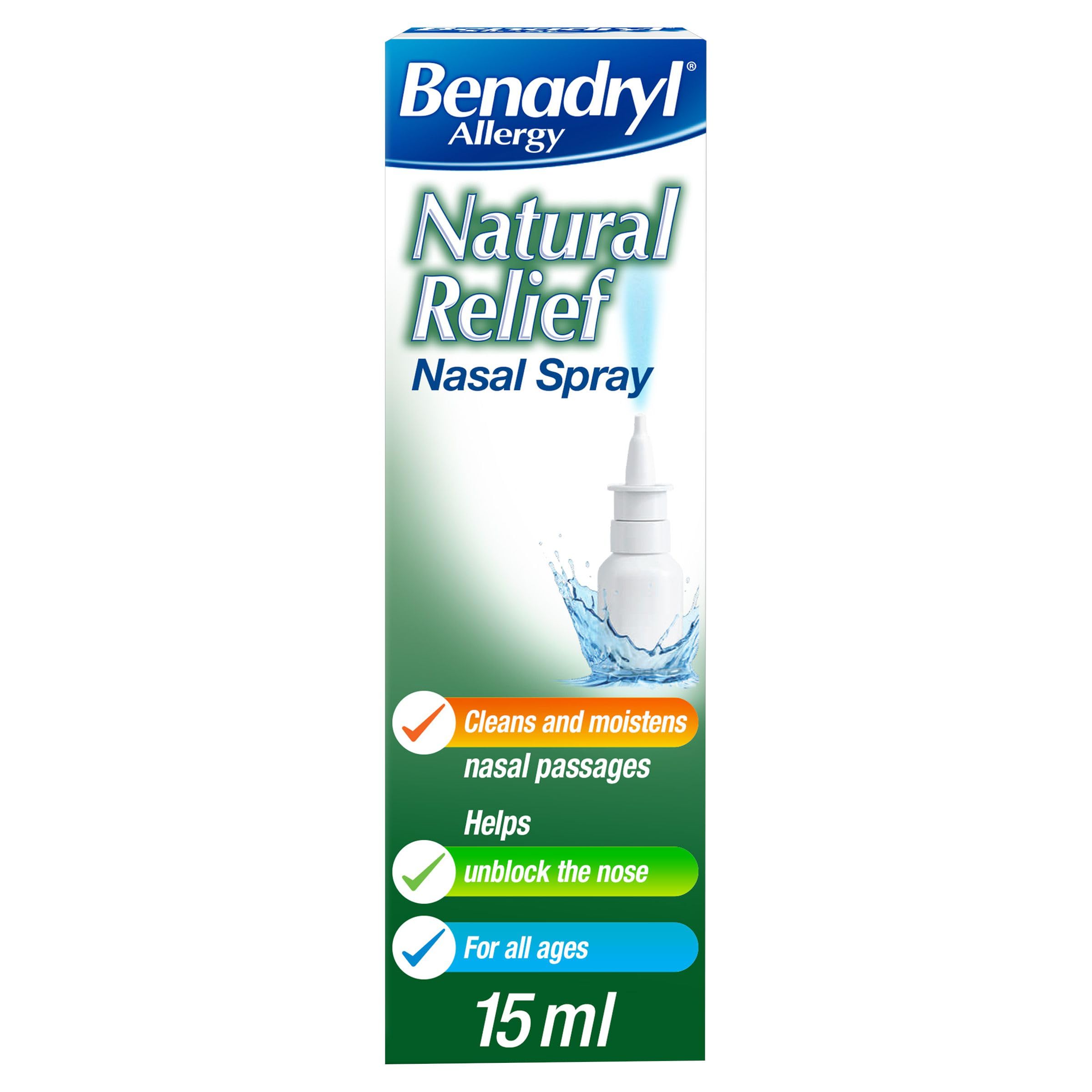 Benadryl Allergy Natural Relief Nasal Spray (1 x 15ml), Helps Clear Allergens from the Nose, Cleans and Moistens Nasal Passage, Natural Congestion Relief, Free from Preservatives