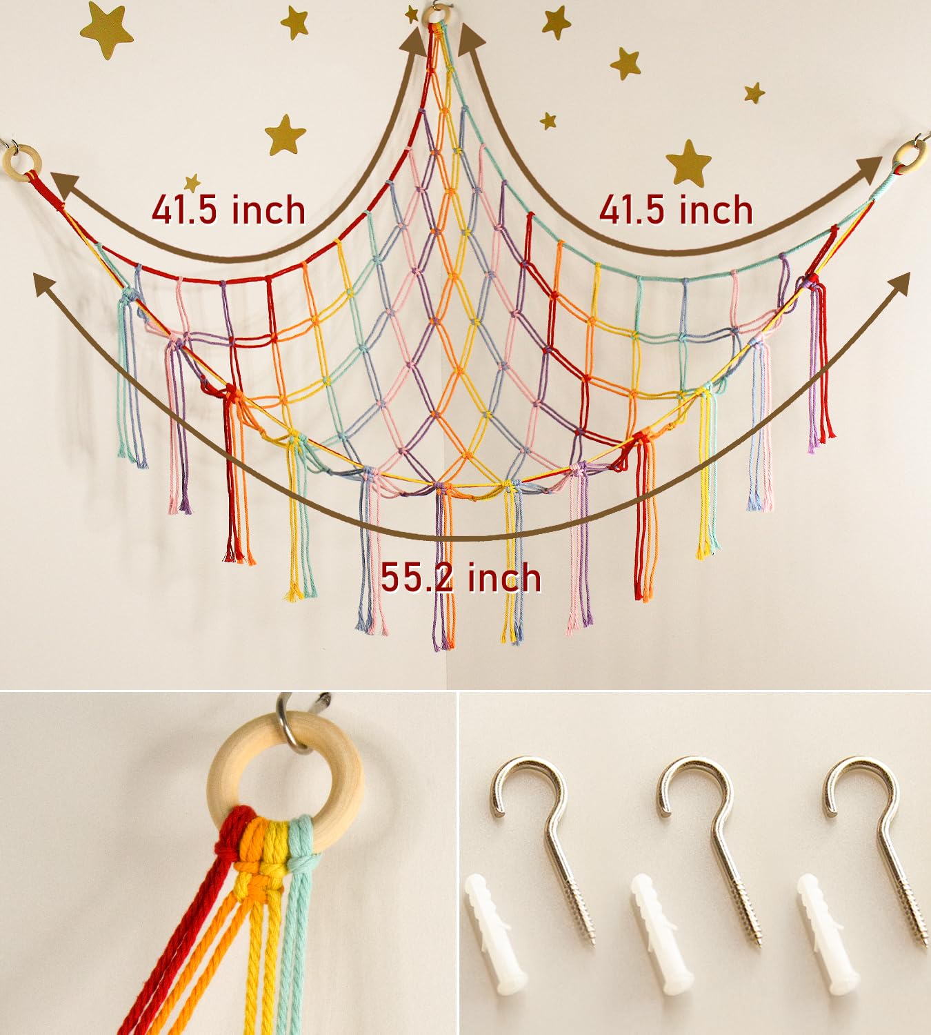 Stuffed Animal Hammock Corner Storage Net Cute Preppy Trendy Stuff Gifts for Teen Girls Baby Room Living Room House Wall Nursery Decor Rainbow Color Colorful Unicorn Hanging Organizers Organization