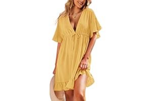 AI'MAGE Swimsuit Cover Ups Women's Bathing Suit V Neck Ruffle Sleeve Soft Coverups Dress
