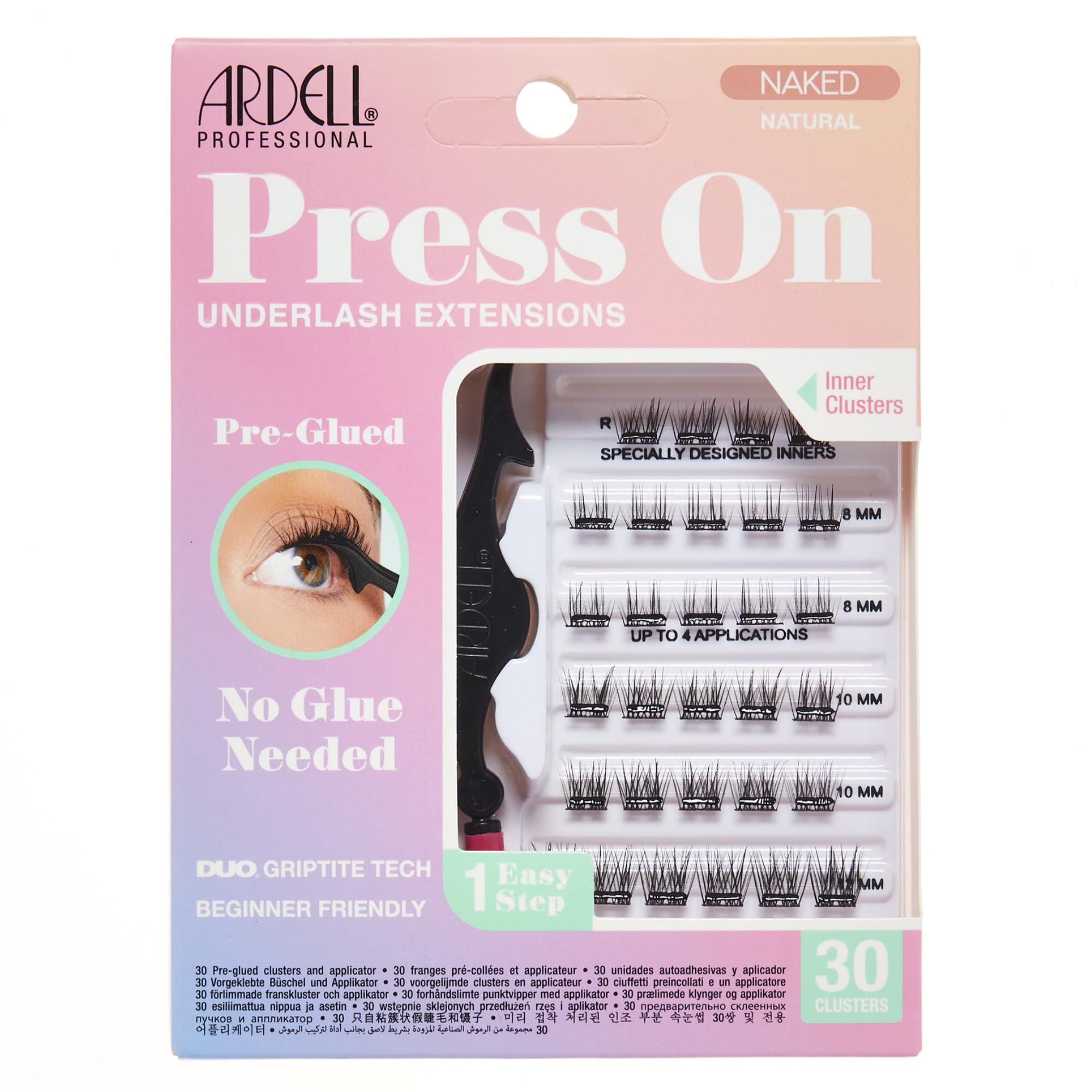 Ardell Naked Press On Pre-Glued Underlash Eyelash Extensions, Natural Cluster Lashes Kit, Beginner-Friendly DIY Lash Extension Kit with Applicator, Assorted Lengths, 30 Lash Clusters