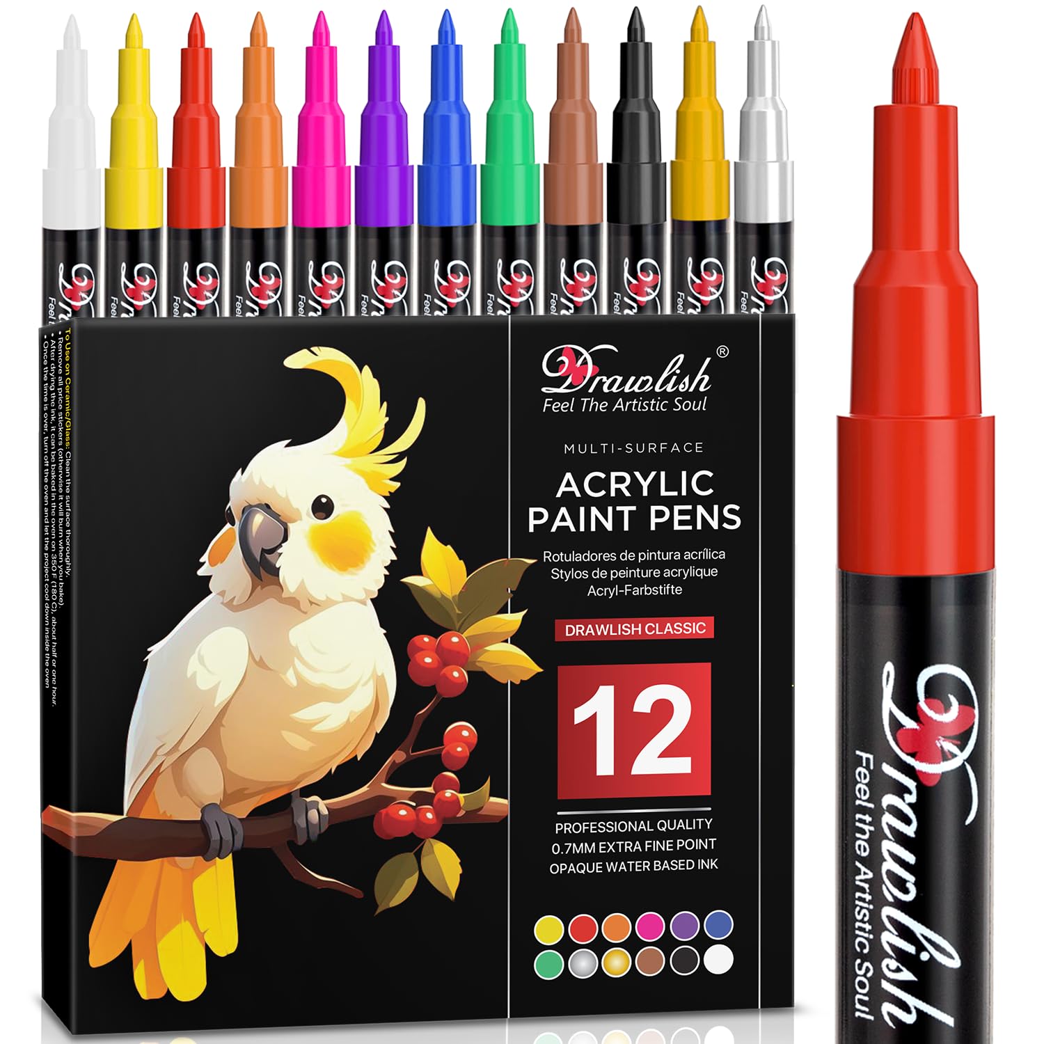 Acrylic Paint Pens for Rock Painting - Set of 12-0.7mm Tip Glass Pens with Extra Fine Point & Water-Based Ink - Ideal Paint Markers for Ceramic, Fabric, Porcelain, Wood, Canvas & DIY Mug Design