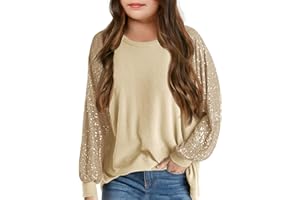 Haloumoning Girls Sequin Sweatshirts Kids Fashion Crewneck Long Batwing Sleeve Pullover Clothes 5-14 Years
