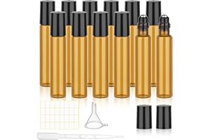 PEASUG 12 Pack Amber Roller Bottles for Essential Oils, 10ml Glass Roll On Bottles for Travel and Lip Gloss, Empty Perfume Roller Ball Applicator Bottle With Lid, Dropper, Funnel, Opener, Labels