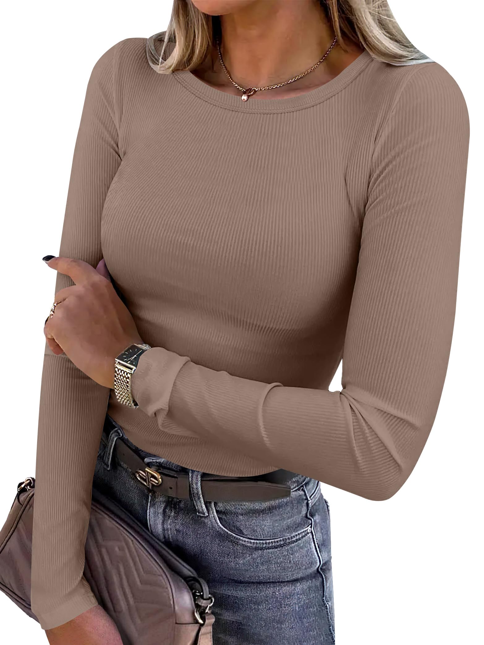 ANRABESS Women Long Sleeve Shirts Rib Knit Slim Fit Tops Basic Tee 2025 Fall Outfits Casual T-Shirt Underscrubs Layer Clothes