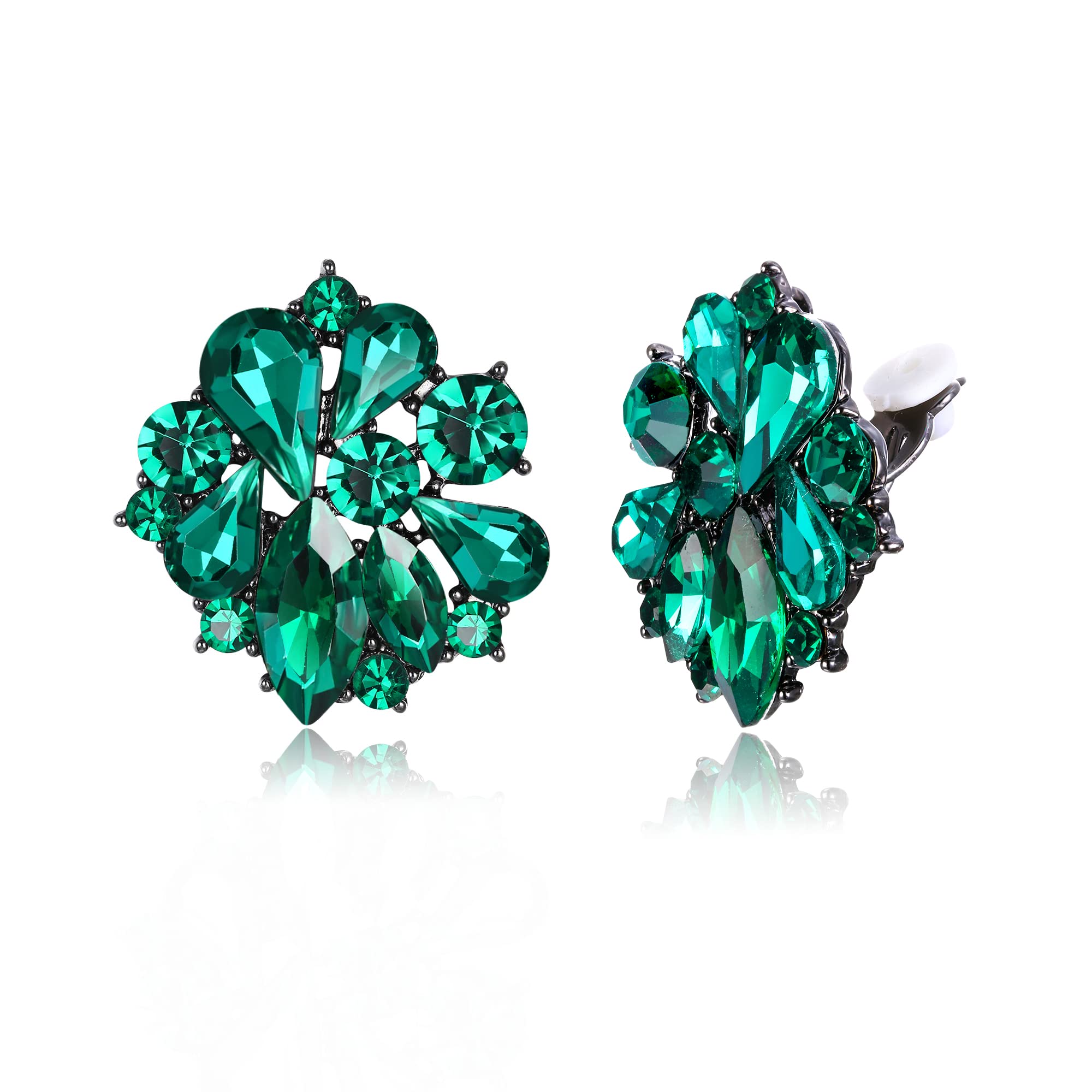 EVER FAITH Flower Clip-on Earrings for Women Girls, Green Rhinestone Crystal Floral Clip On Earring