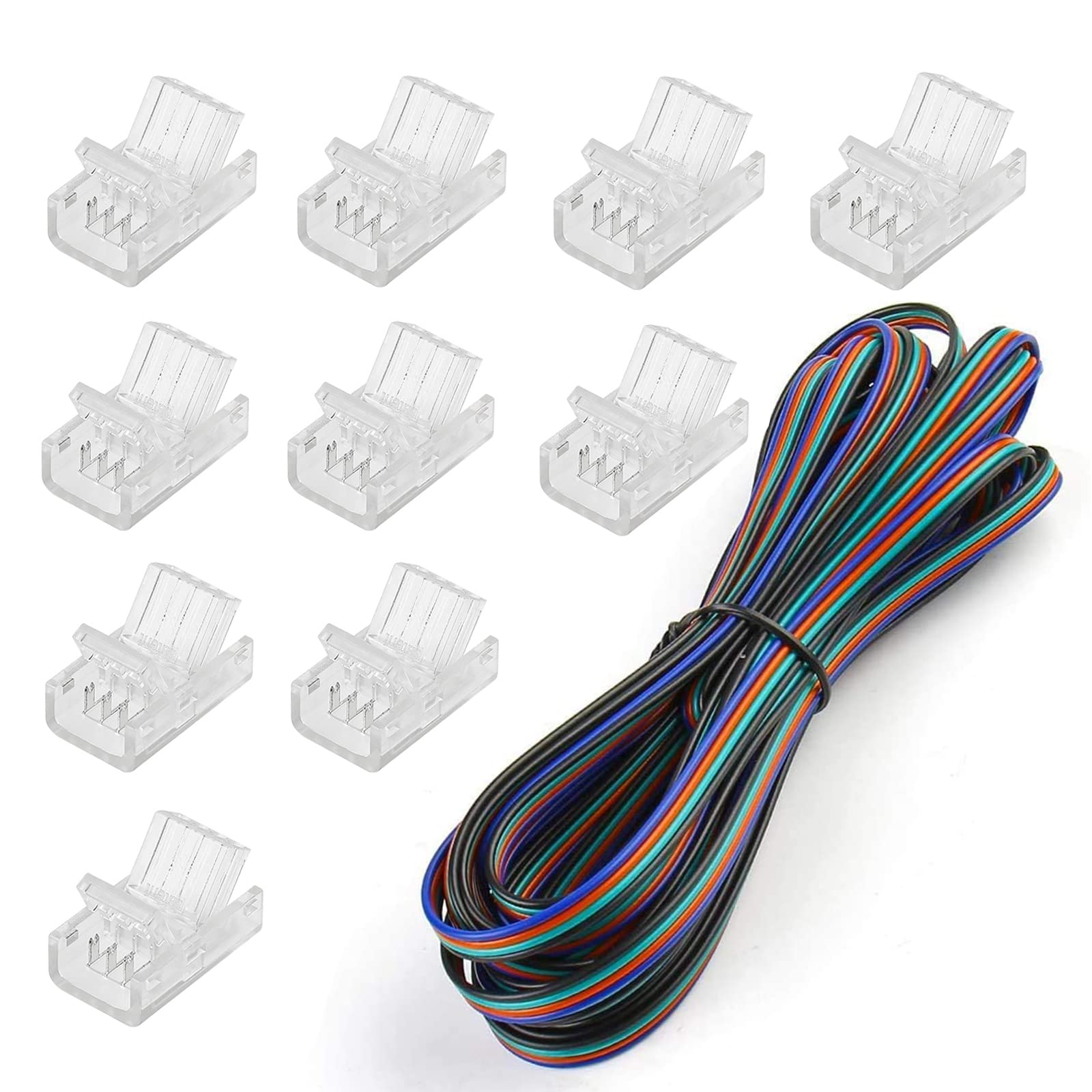 SUPERNIGHT 10 Pack 4 Pin LED Connector for 10mm Waterproof and Non-Waterproof RGB 5050 LED Strip Lights, Include 16.4ft Extension Cable,Strip to Wire Quick Connection Without Stripping