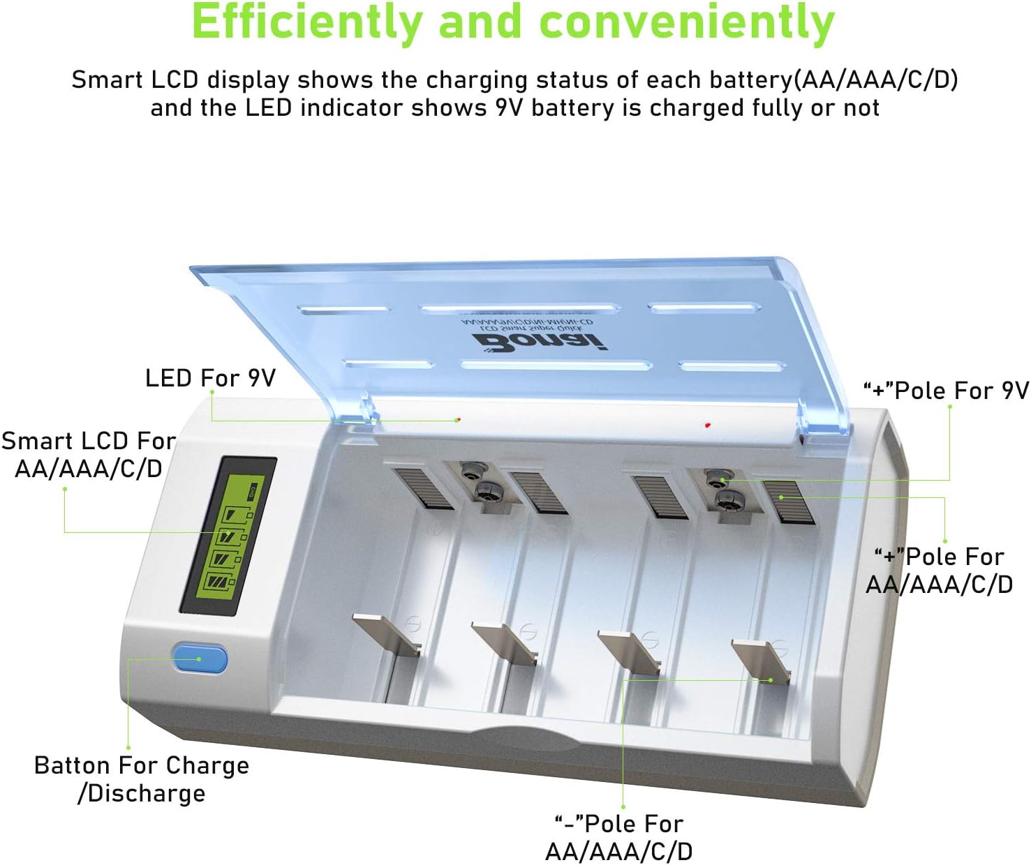 BONAI LCD Universal Battery Charger for AA, AAA, C, D, 9V Ni-MH Ni-CD Rechargeable Batteries with Discharge Function: Home Audio & Theater