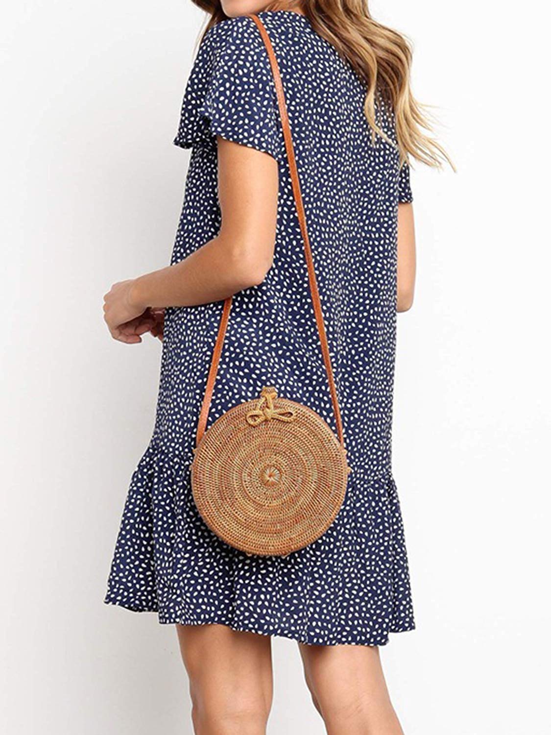 Women\'s Polka Dot Ruffles V Neck Button Down Casual Loose Swing Short Mini T-Shirt Dress Blue