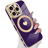 tharlet Magnetic for iPhone 16 Pro Max [Magsafe Compatible] Cute Love Heart Luxury Plating Gold Edge Bumper with Full Camera Lens with Privacy Screen Protector, Purple (6.9")