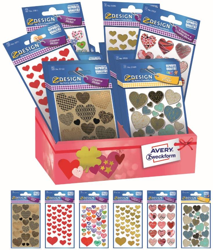 Avery España 48599 Assorted 60 Stickers Decorative Hearts in Different Materials, 6 Different Fantasies, 60 Stickers in Cardboard Display