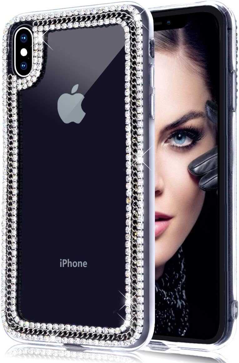 Jesiya for iPhone XR Case 3D Glitter Sparkle Bling Case Luxury Shiny Crystal Rhinestone Diamond Sliver Chain Clear Protective Case Cover for iPhone XR Silver