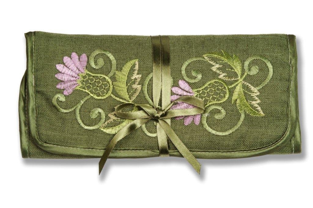 Justina Claire Jewellery Roll in a Green Balmoral Thistle Design