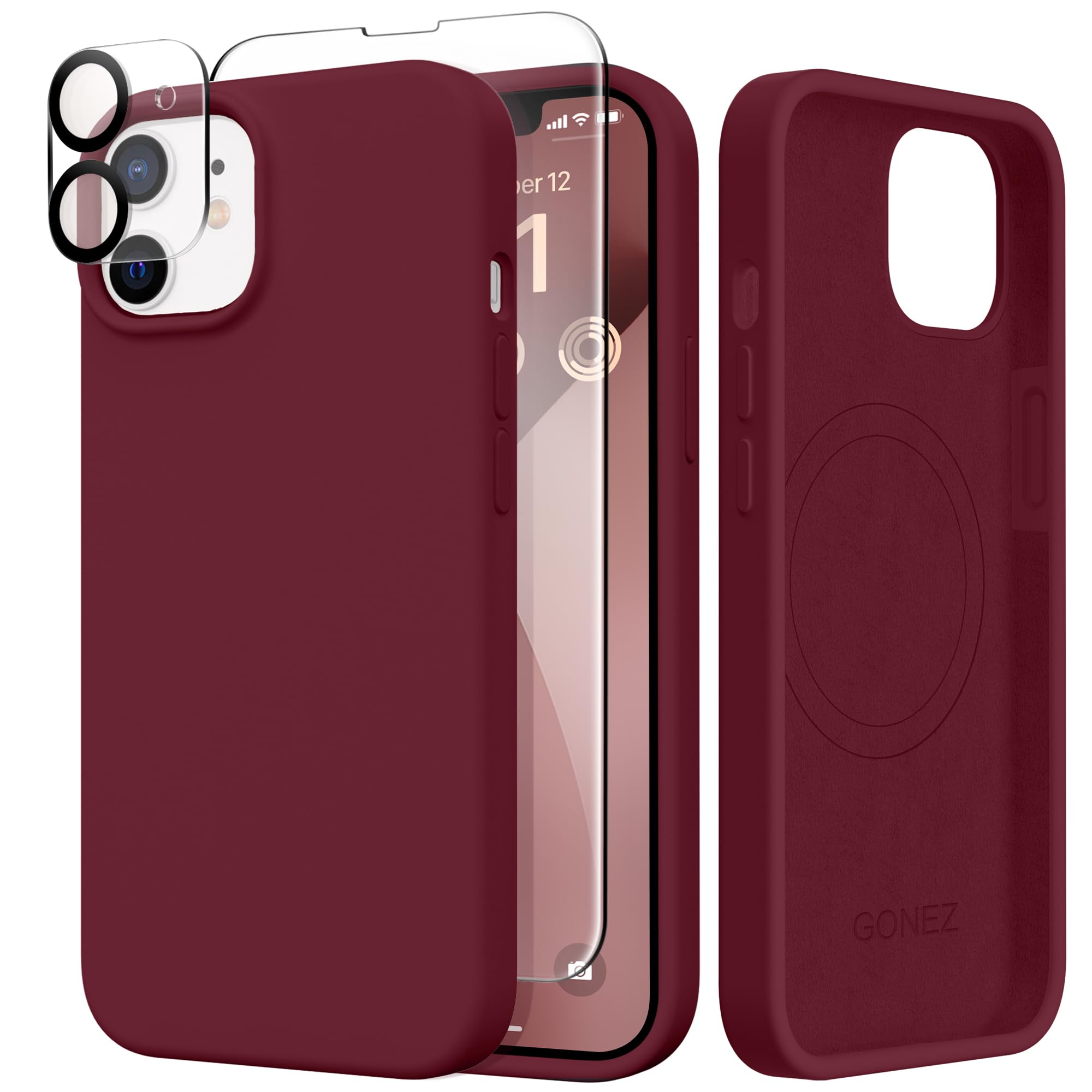GONEZ Magnetic for iPhone 12 Case / 12 Pro Case, Compatible with MagSafe, [Screen Protector + Camera Lens Protector], Silicone Shockproof Anti-Scratch Protective Phone Case 6.1 inch, Maroon