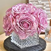 YSZL Artificial Rose in Glass Vase Vintage Silk Flower Arrangement with LED Light for Table Centerpiece Home Wedding Decoration (Purple)