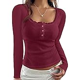 BAIGRAM Women Long Sleeve Lace Patchwork Pointelle Crop Tops Y2K Cute Button Up Henley Shirt Scoop Neck Slim Tshirt Fall 2025