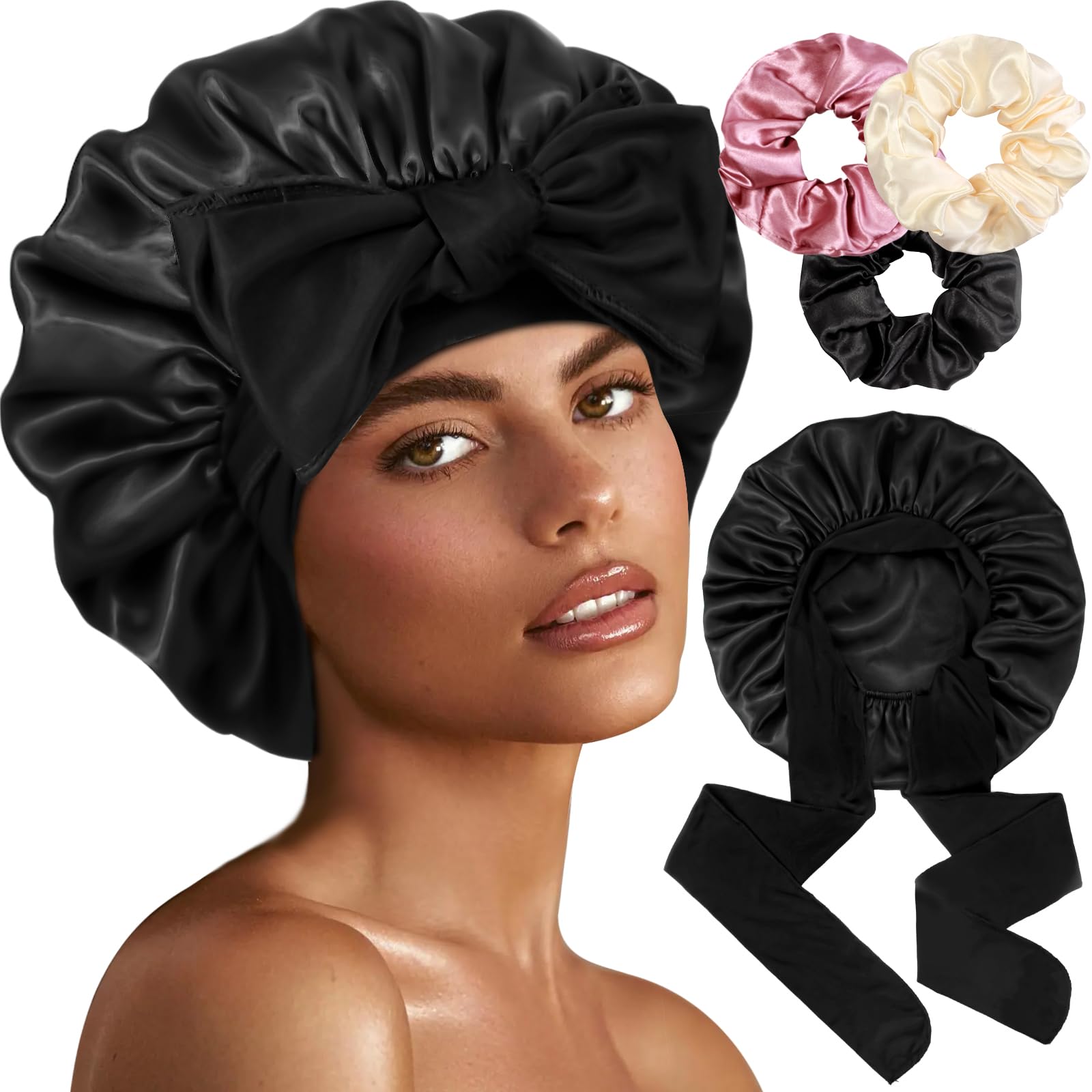 View 1 of 1+3 Large Satin Bonnets with Scrunchies for Women, Double Layer Hair Bonnet Tie Bonnet for Sleeping Braids Curly Hair, B